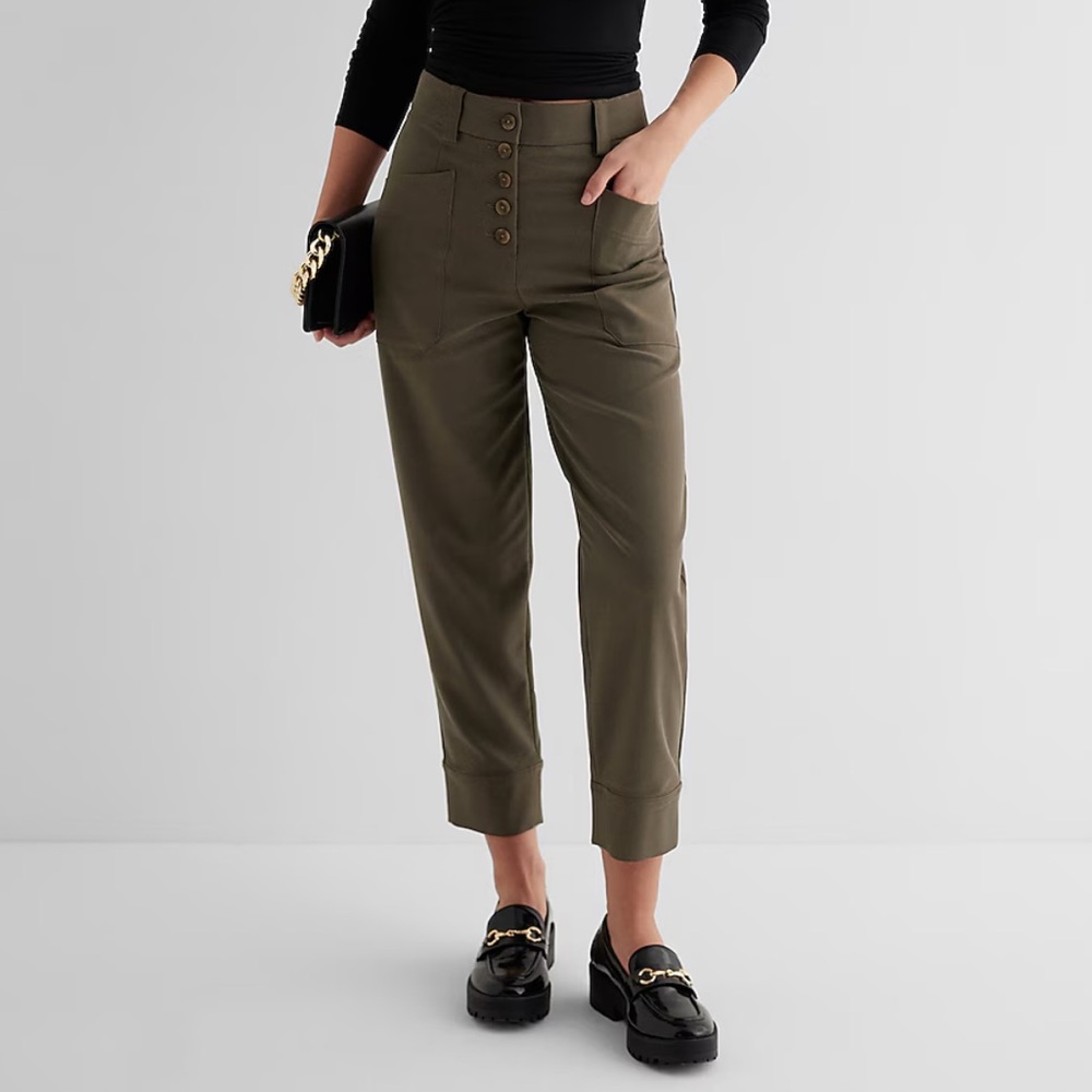 High Waisted Exposed Button Front Ankle Pant olive green express new